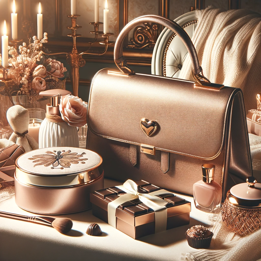 A stylish and sophisticated composition featuring a luxurious spa set, a designer handbag, and a box of gourmet chocolates. Presents.Chat