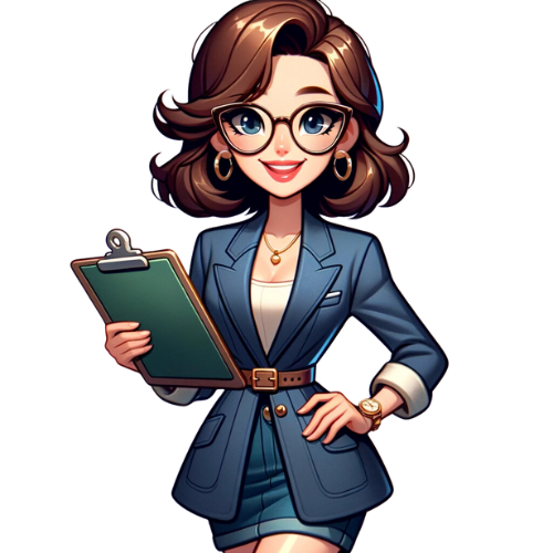 Classic Personal Shopper Style_ Penny is depicted as an enthusiastic, fashionable character, wearing a stylish outfit with a blazer and glasses